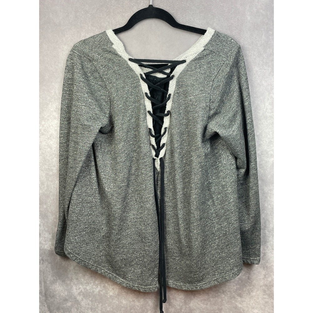 Everleigh Sweater‎ Womens Large Lace Up Gray Pullover Cotton Long Sleeve Stretch